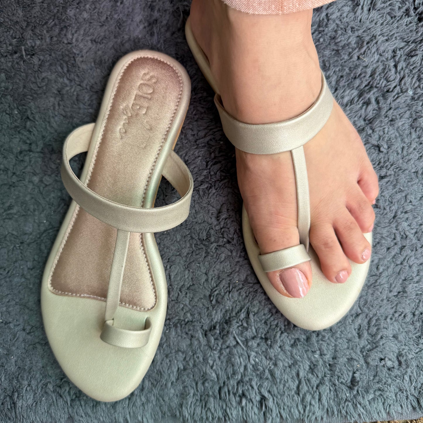 Light Gold T Belt Flats