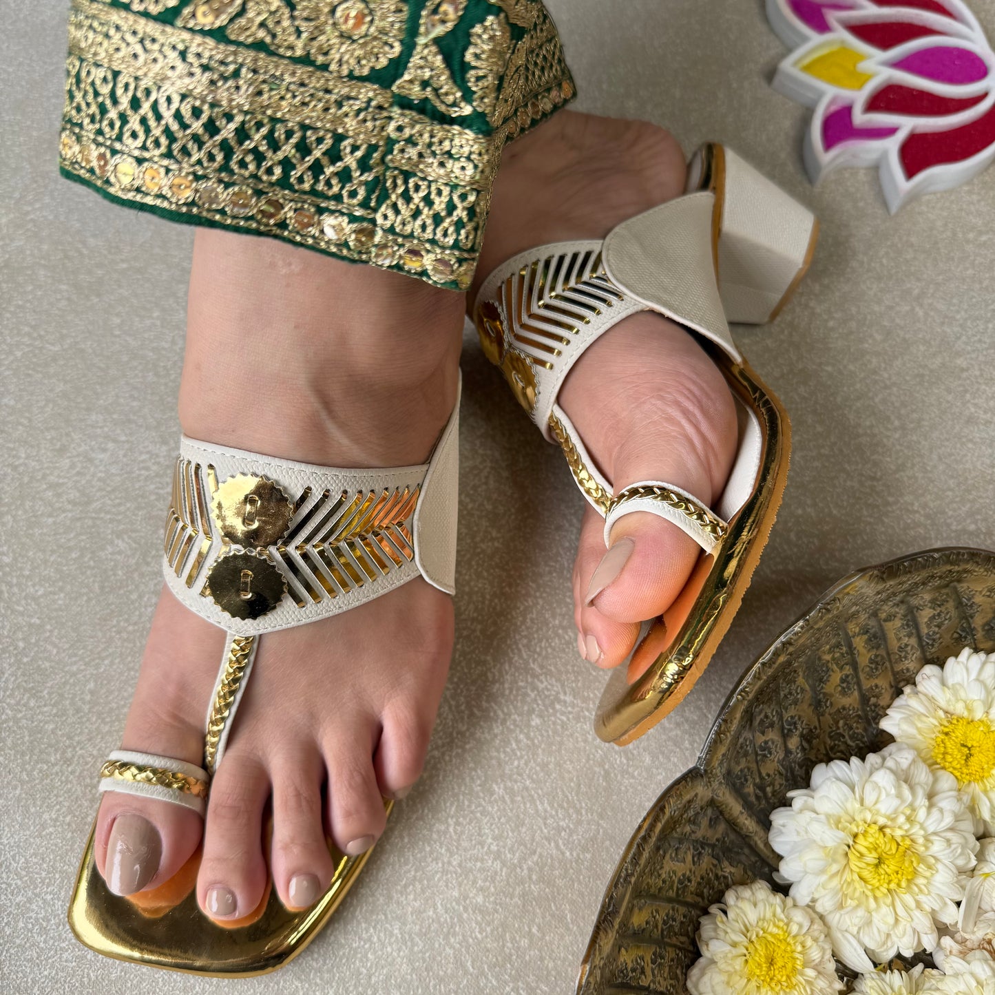 White Damak Box Heels