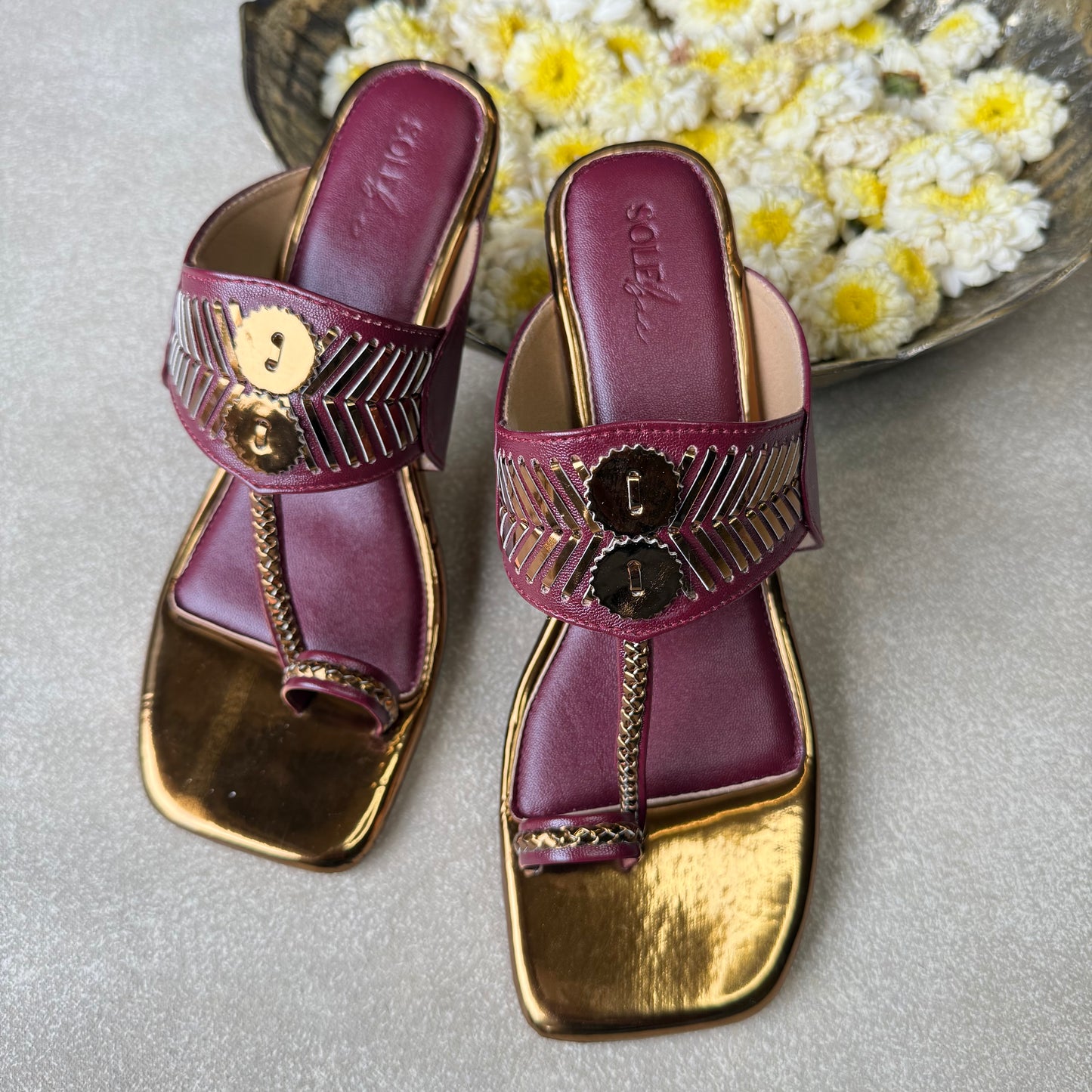 Maroon Damak Box Heels