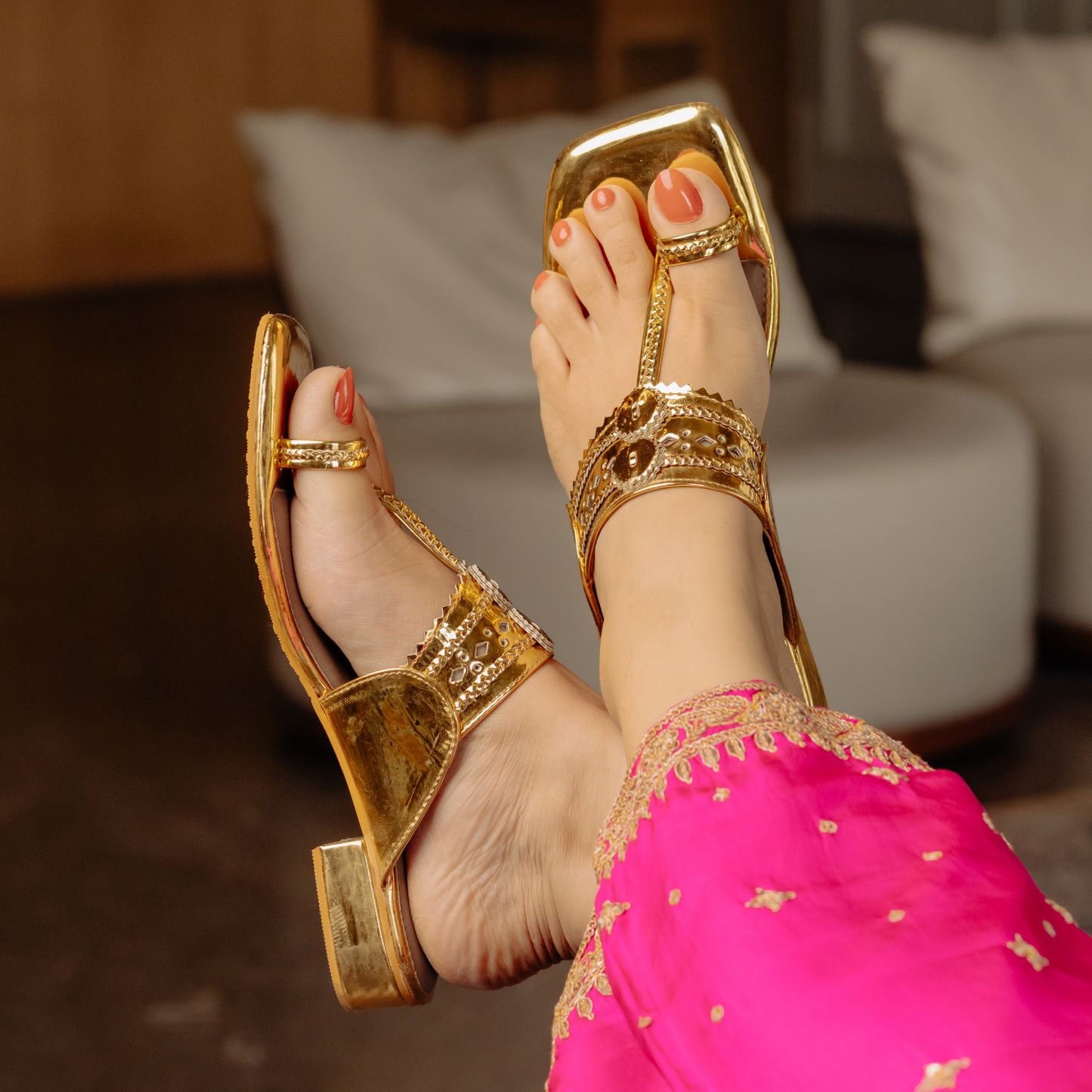 Golden Kolhapuri Small Box Heels