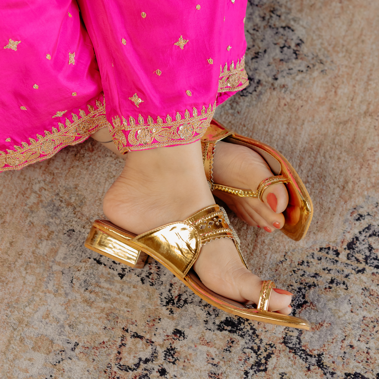Golden Kolhapuri Small Box Heels