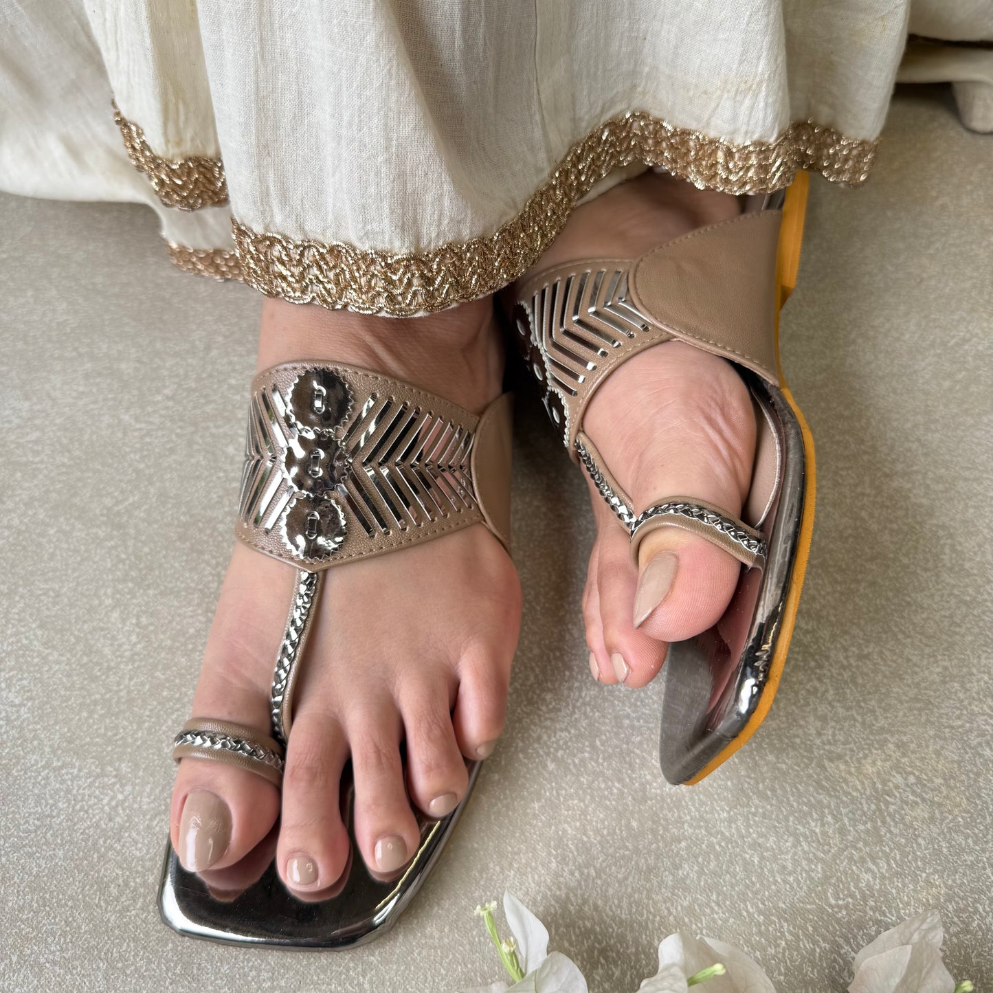 Beige Damak Flats