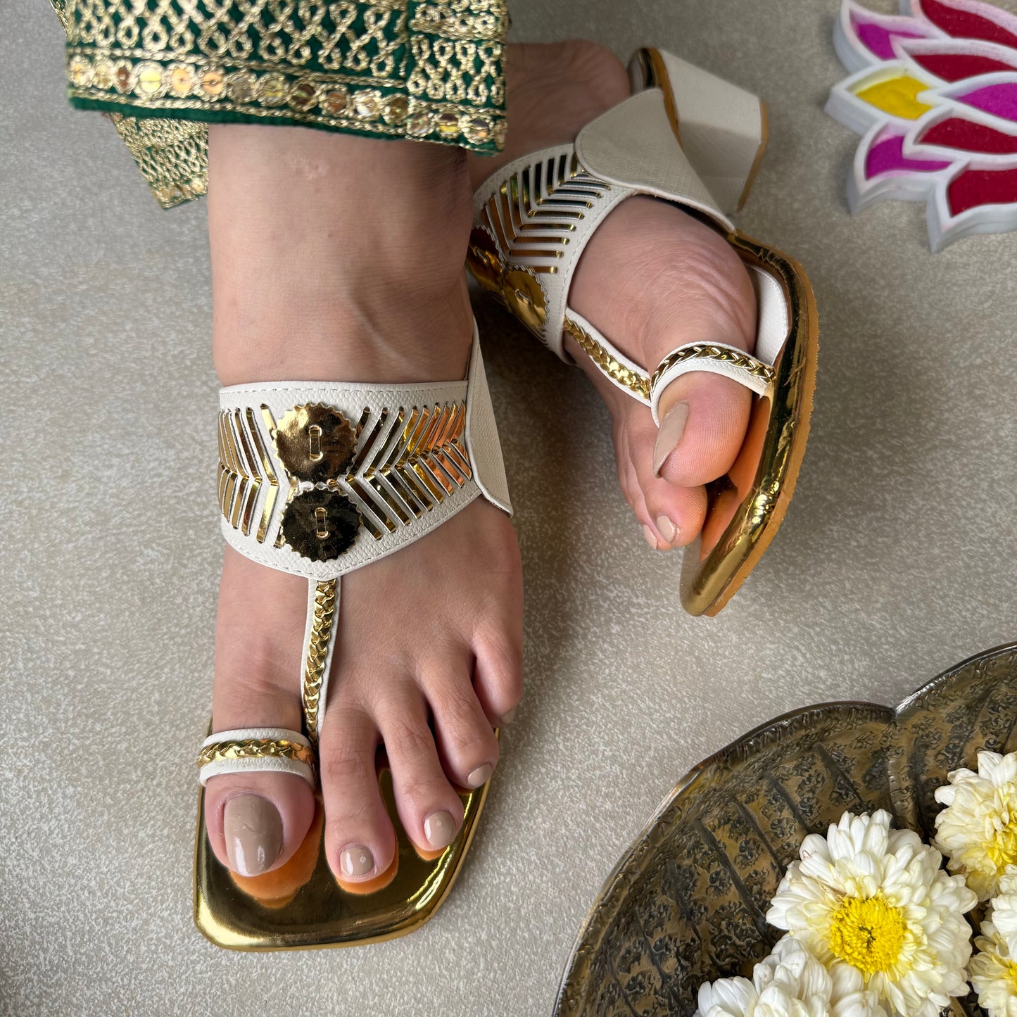 White Damak Box Heels