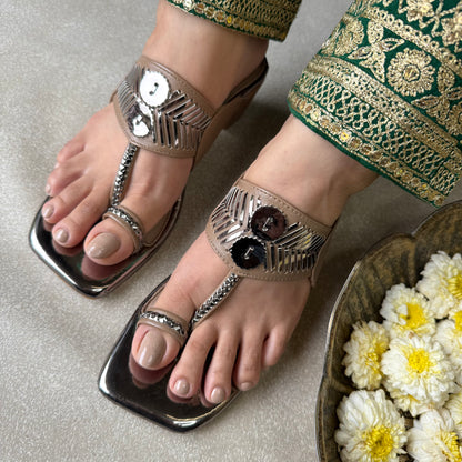 Beige Damak Box Heels