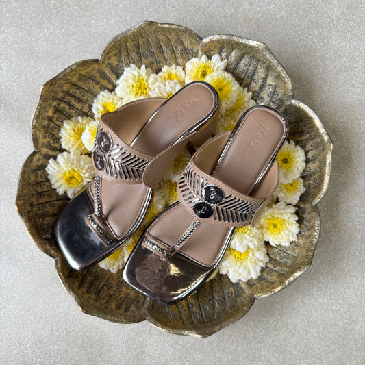 Beige Damak Box Heels